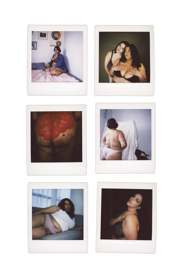This photo consists of six polaroid scans. Each polaroid consists of a photo of a plus-size woman in lingerie or undergarments.