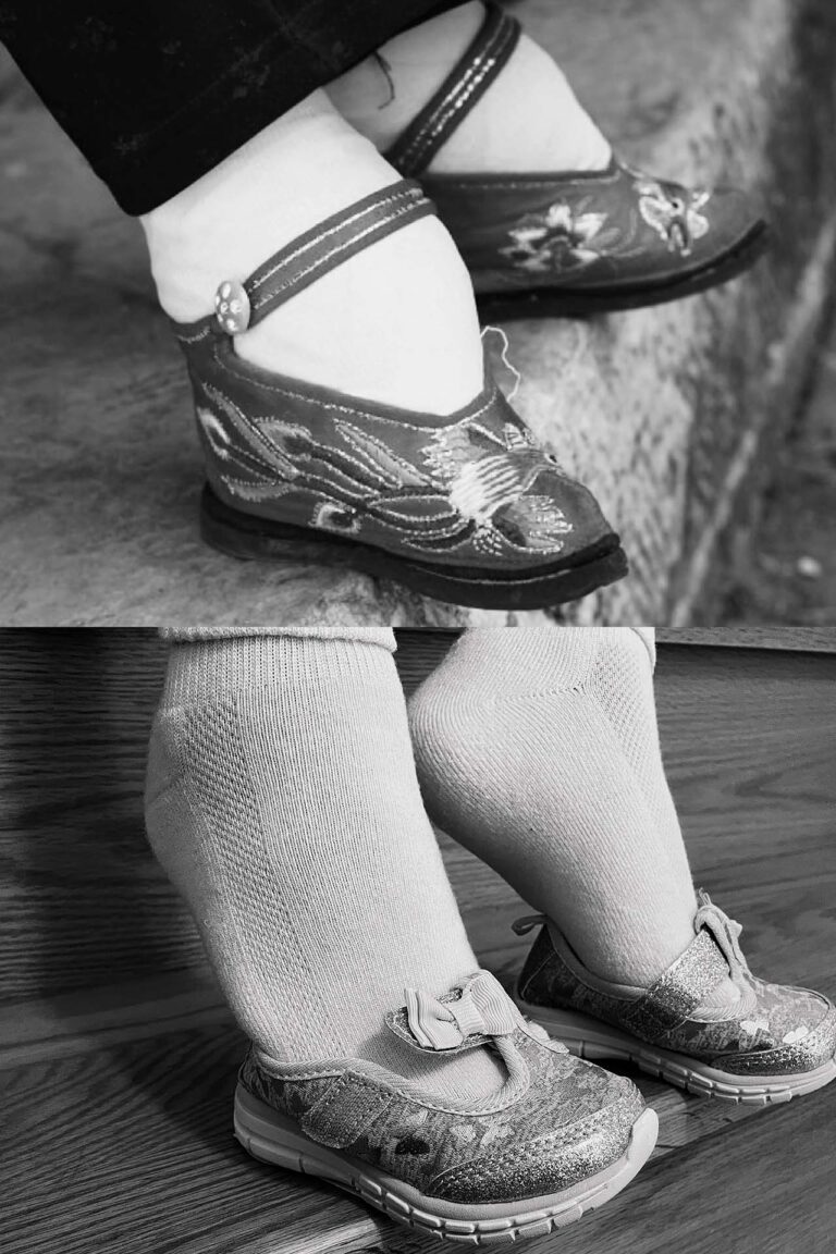 On the top of the image is a Chinese woman wearing her shoes in size 10 cm. On the bottom is me wearing a children’s shoe in size 11-12 cm.