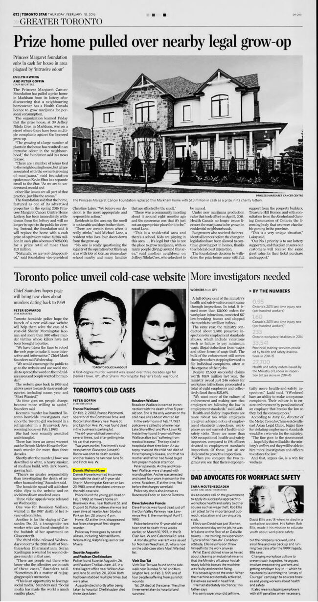 A Toronto Star article dated February 18th, 2016 featuring an article about Dennis Melvyn Howe.