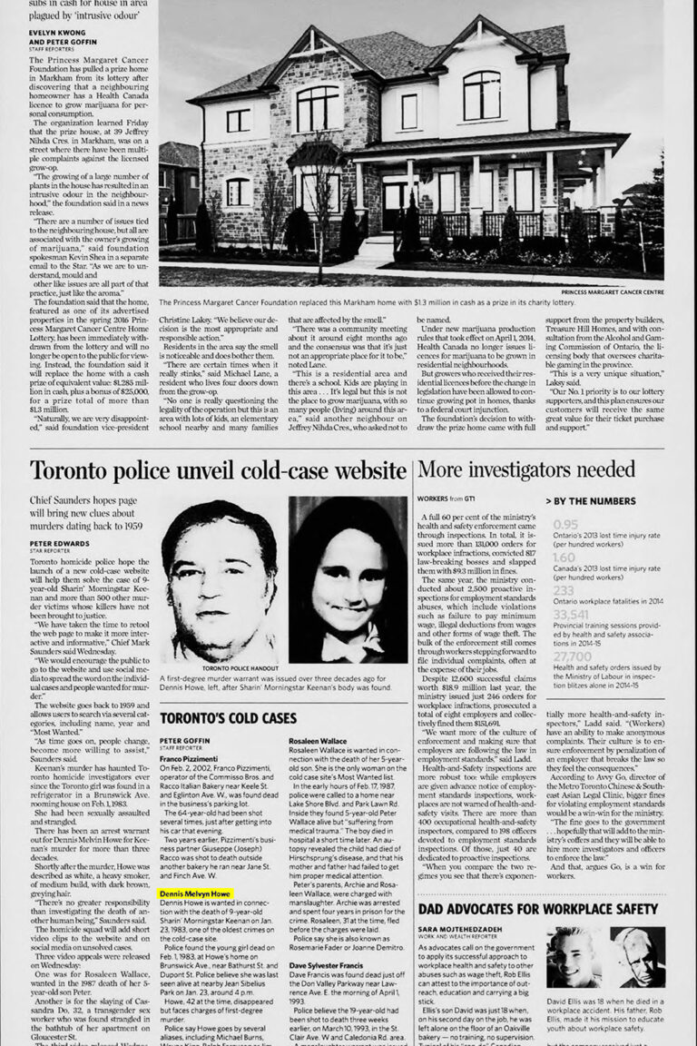 A Toronto Star article dated February 18th, 2016 featuring an article about Dennis Melvyn Howe.