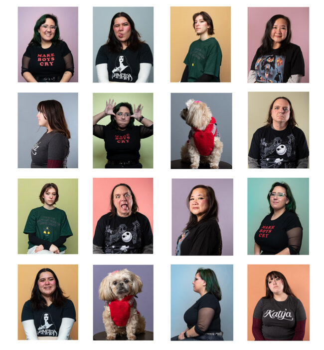 This photo consists of sixteen photographs organized on a white background. Each consisting of a person or dog, smiling or making silly faces to the camera. Every background is one of the following colors; pastel purple, pastel blue, army green, dark orange, peach, light magenta, lime green, blue, orange, turquoise.