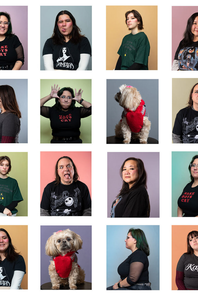 This photo consists of sixteen photographs organized on a white background. Each consisting of a person or dog, smiling or making silly faces to the camera. Every background is one of the following colors; pastel purple, pastel blue, army green, dark orange, peach, light magenta, lime green, blue, orange, turquoise.