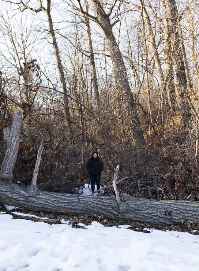 The image is a self-portraiture of the artist emerging into the landscape of High Park.