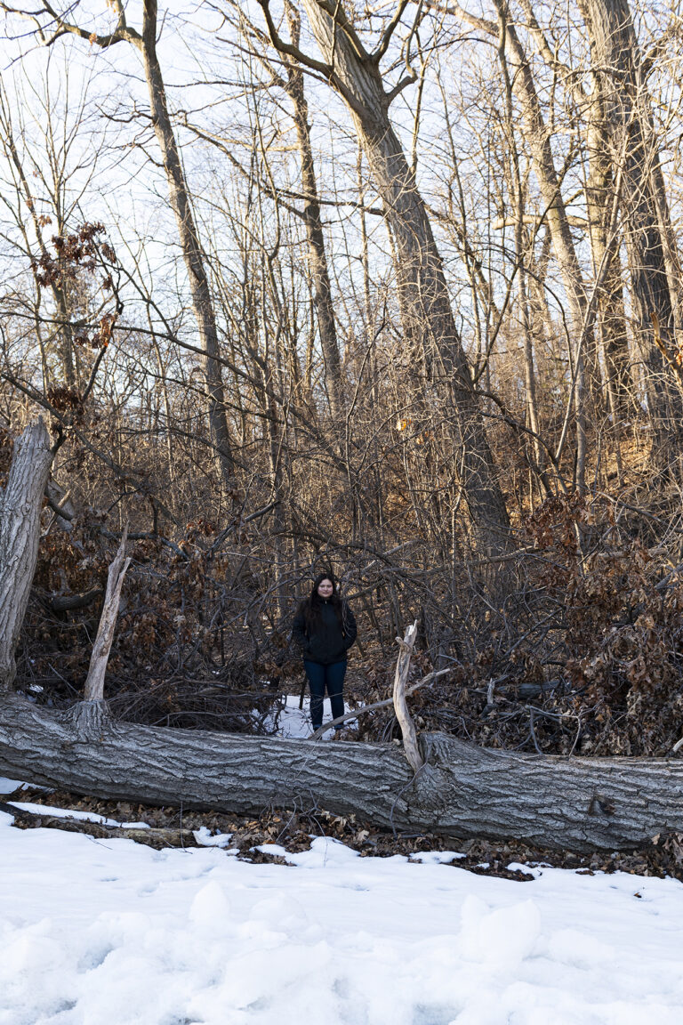 The image is a self-portraiture of the artist emerging into the landscape of High Park.