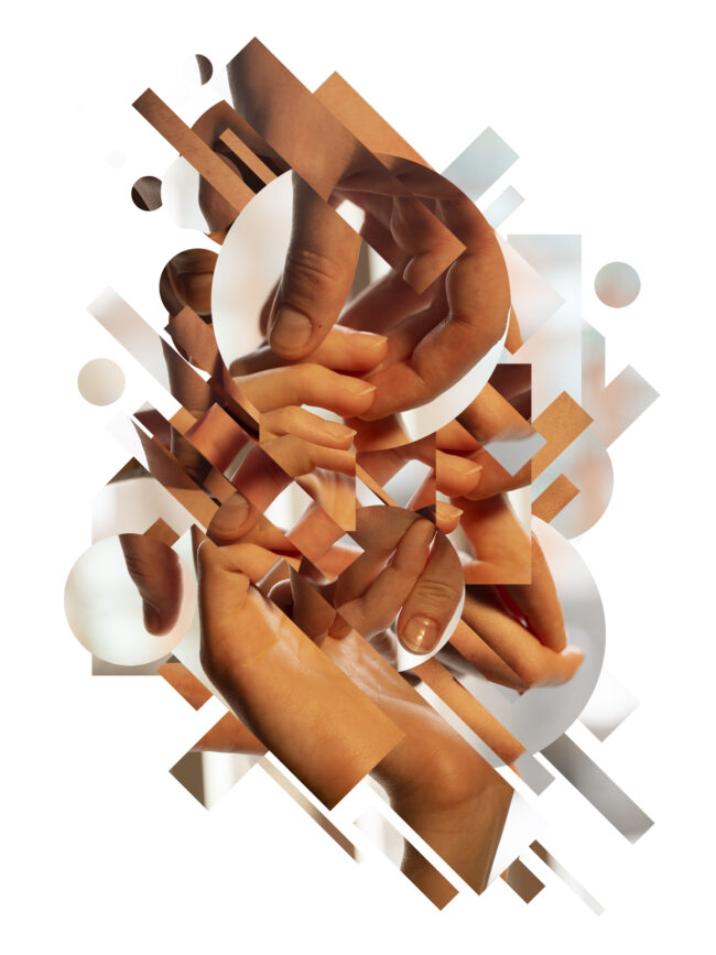 AO - Two hands holding, orange and white