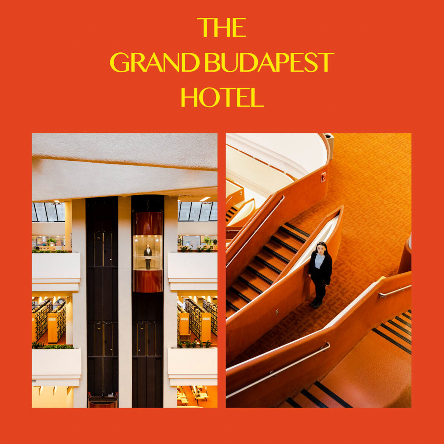 A poster like image that has a title of The Grand Budapest Hotel, There is two images featured, one of a library elevator that has a someone ridinging in it and the other of a person standing in a stair hallway