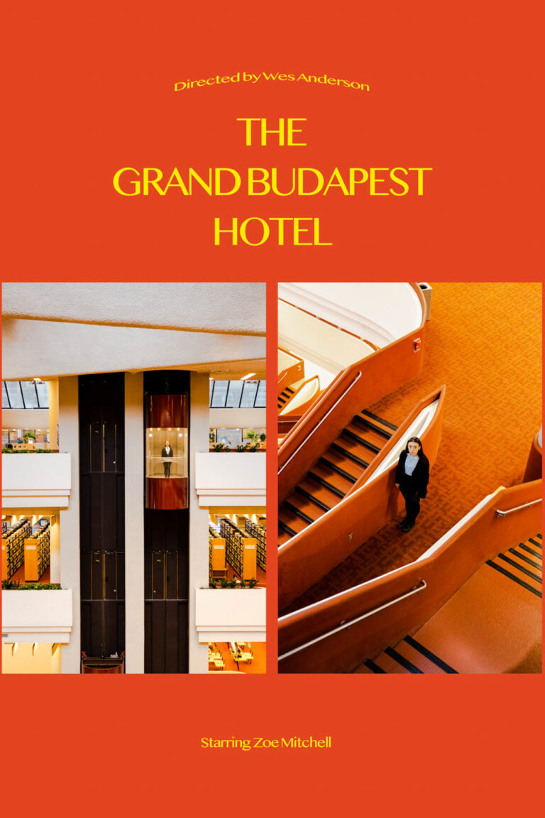 A poster like image that has a title of The Grand Budapest Hotel, There is two images featured, one of a library elevator that has a someone ridinging in it and the other of a person standing in a stair hallway