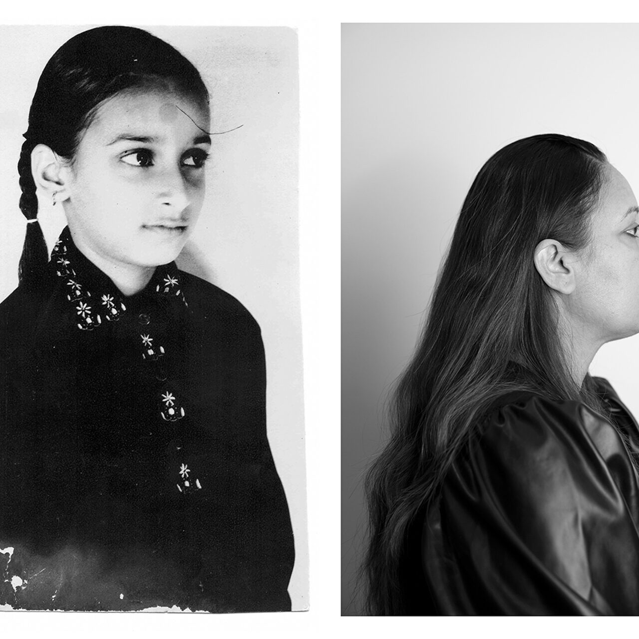 This photo consists of a diptych containing an old and recent photograph of the same woman. The photo on left is of a young girl, whose hair is braided into two as she wears an black collared shirt with embroidered flowers on the collar. The photo on the right is of an older woman, facing to the right looking ahead. She is wearing a shiny black blouse and has long black hair.