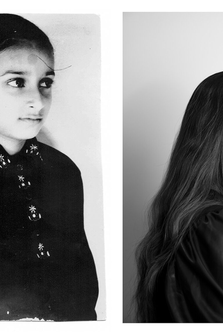 This photo consists of a diptych containing an old and recent photograph of the same woman. The photo on left is of a young girl, whose hair is braided into two as she wears an black collared shirt with embroidered flowers on the collar. The photo on the right is of an older woman, facing to the right looking ahead. She is wearing a shiny black blouse and has long black hair.