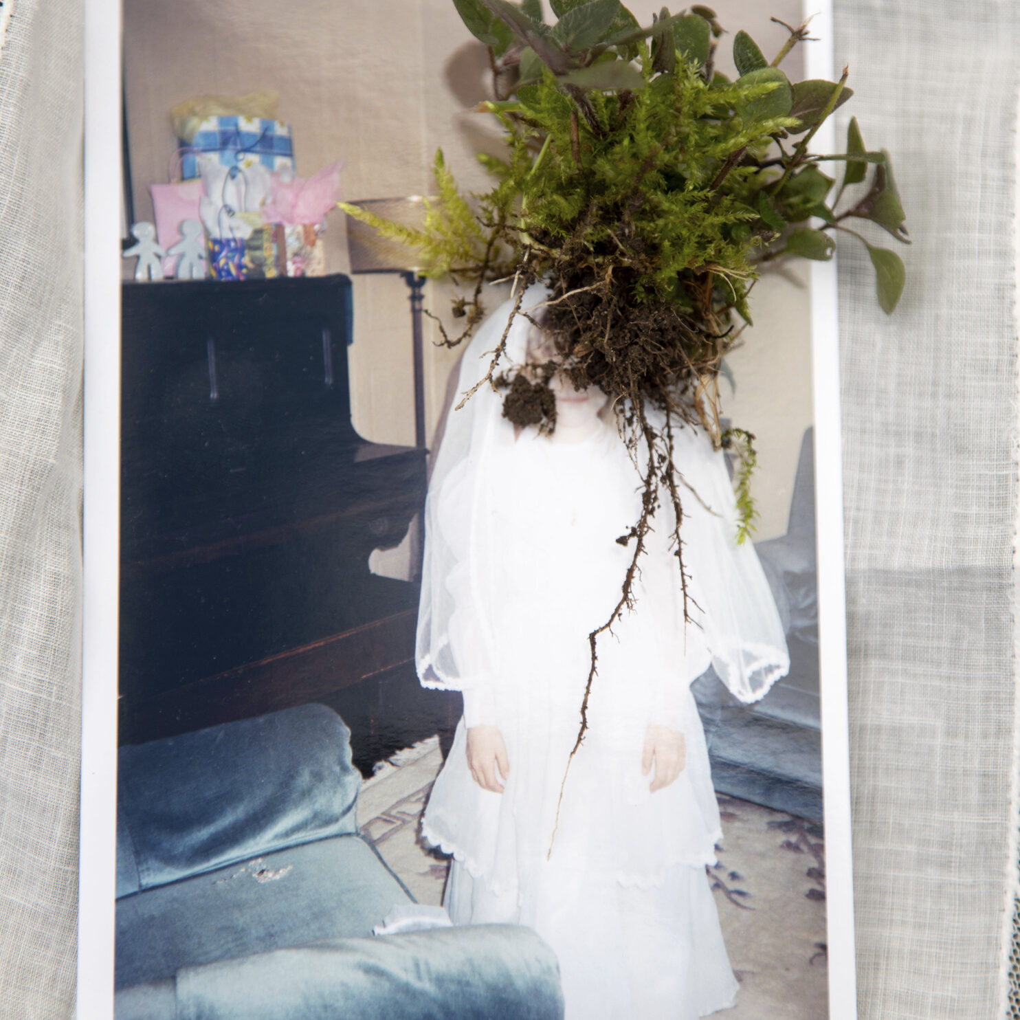 an image of a young girl in a communion dress sitting on top of a white lace doily. There is an uprooted weed placed on top of the image over the girl's face.