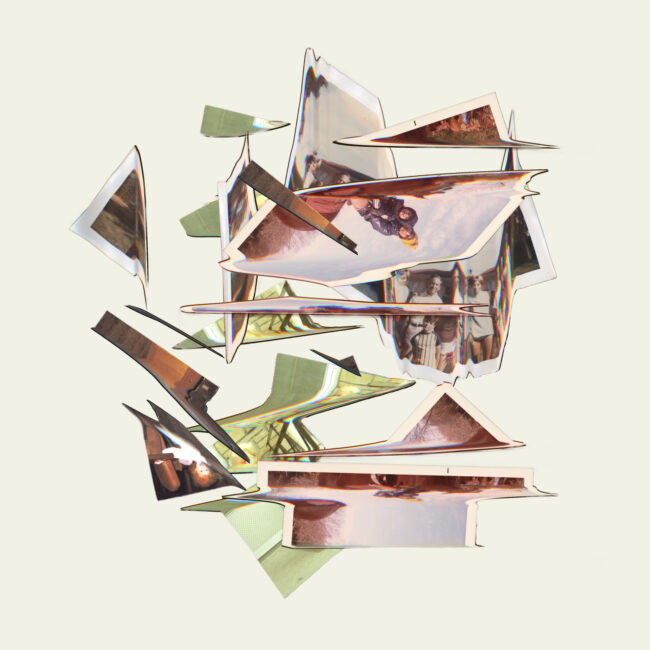 Family photographs from the artists personal archive are distorted using a scanner to appear scattered and choppy. Four photographs are compiled in the centre of the image in a loose circular pile. The muted colours from the family photographs lie against an off white greenish background.