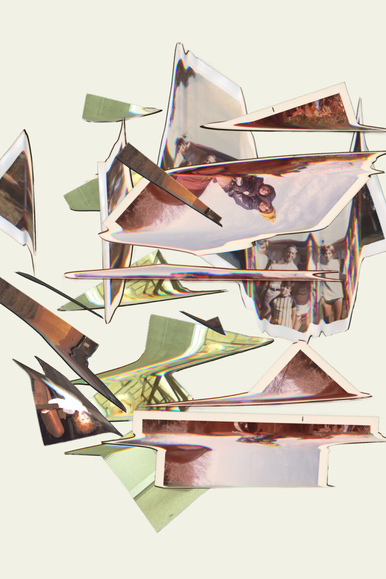 Family photographs from the artists personal archive are distorted using a scanner to appear scattered and choppy. Four photographs are compiled in the centre of the image in a loose circular pile. The muted colours from the family photographs lie against an off white greenish background.