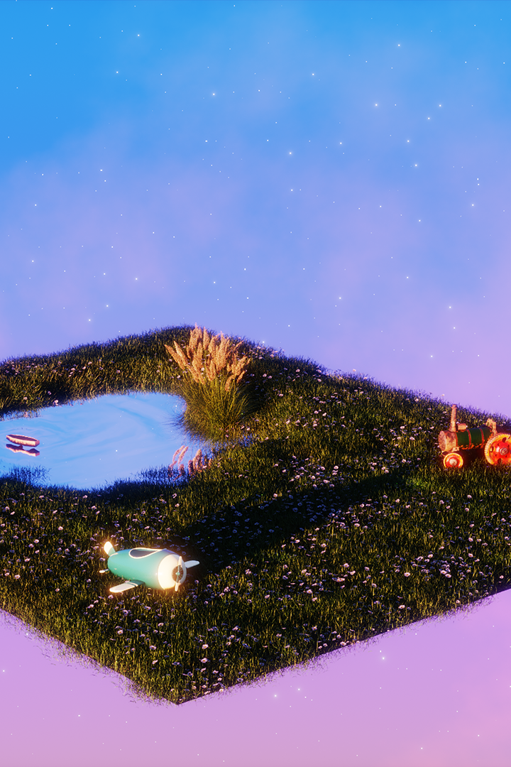 A grassy meadow with a pond, a tree, a toy plane, and a toy tractor, floating in a pink and blue morning sky.