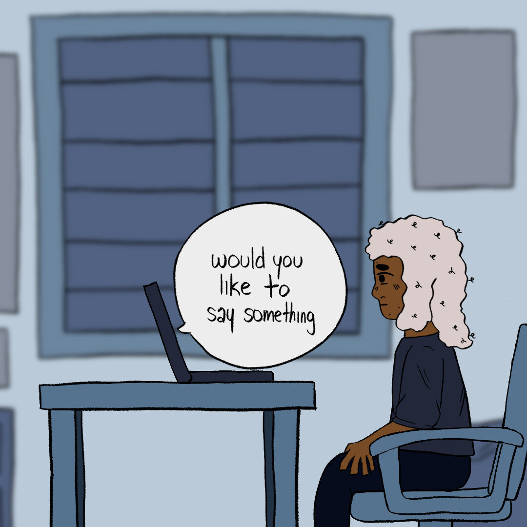 A still from an animated short film of the main character sat at a desk with a laptop on it, in a bedroom coloured in various shades of blue and purple. The background is blurred and has a large window, bed, side table, and nine blank posters of various sizes on the wall. The main character is in their twenties, has light pink curly shoulder length hair, dark brown skin, and is wearing a dark blue sweater and sweatpants. The main character is looking nervously at their laptop as a speech bubble saying "would you like to say something" is directed to the main character, the speech bubble tail pointing towards the laptop.