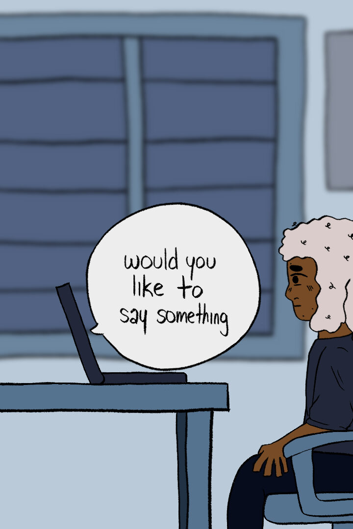 A still from an animated short film of the main character sat at a desk with a laptop on it, in a bedroom coloured in various shades of blue and purple. The background is blurred and has a large window, bed, side table, and nine blank posters of various sizes on the wall. The main character is in their twenties, has light pink curly shoulder length hair, dark brown skin, and is wearing a dark blue sweater and sweatpants. The main character is looking nervously at their laptop as a speech bubble saying "would you like to say something" is directed to the main character, the speech bubble tail pointing towards the laptop.