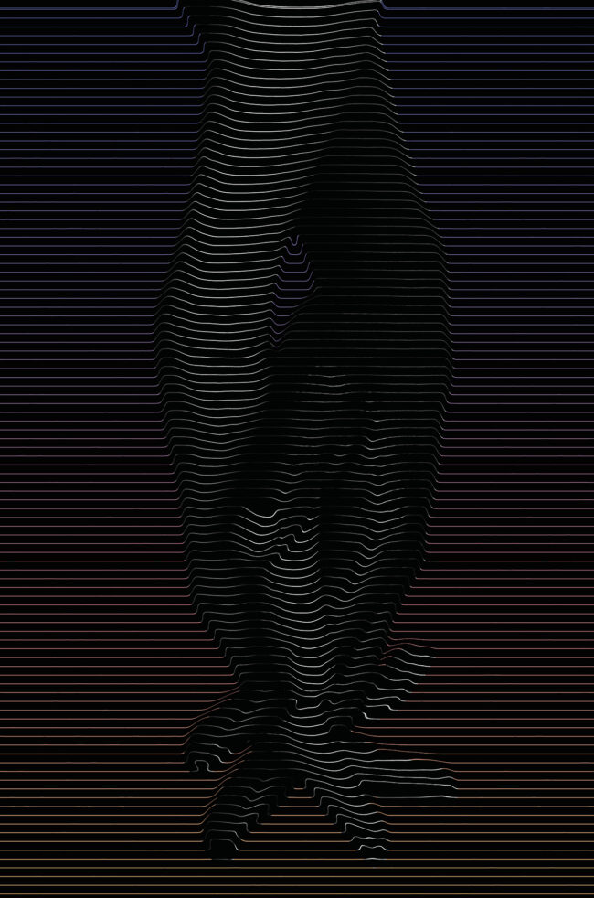 Two hands (above the wrist down to the dinner tips is visible) holding each other made out of colourful horizontal lines to create a 3D effect on paper.