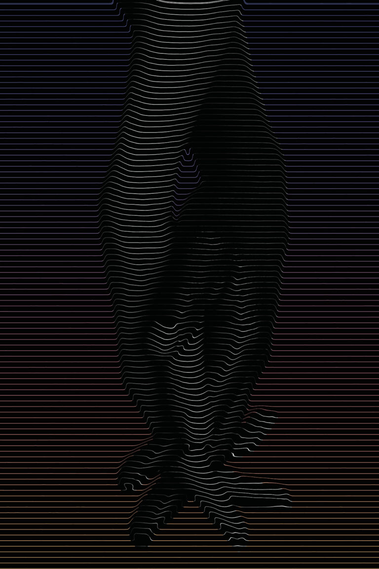 Two hands (above the wrist down to the dinner tips is visible) holding each other made out of colourful horizontal lines to create a 3D effect on paper.