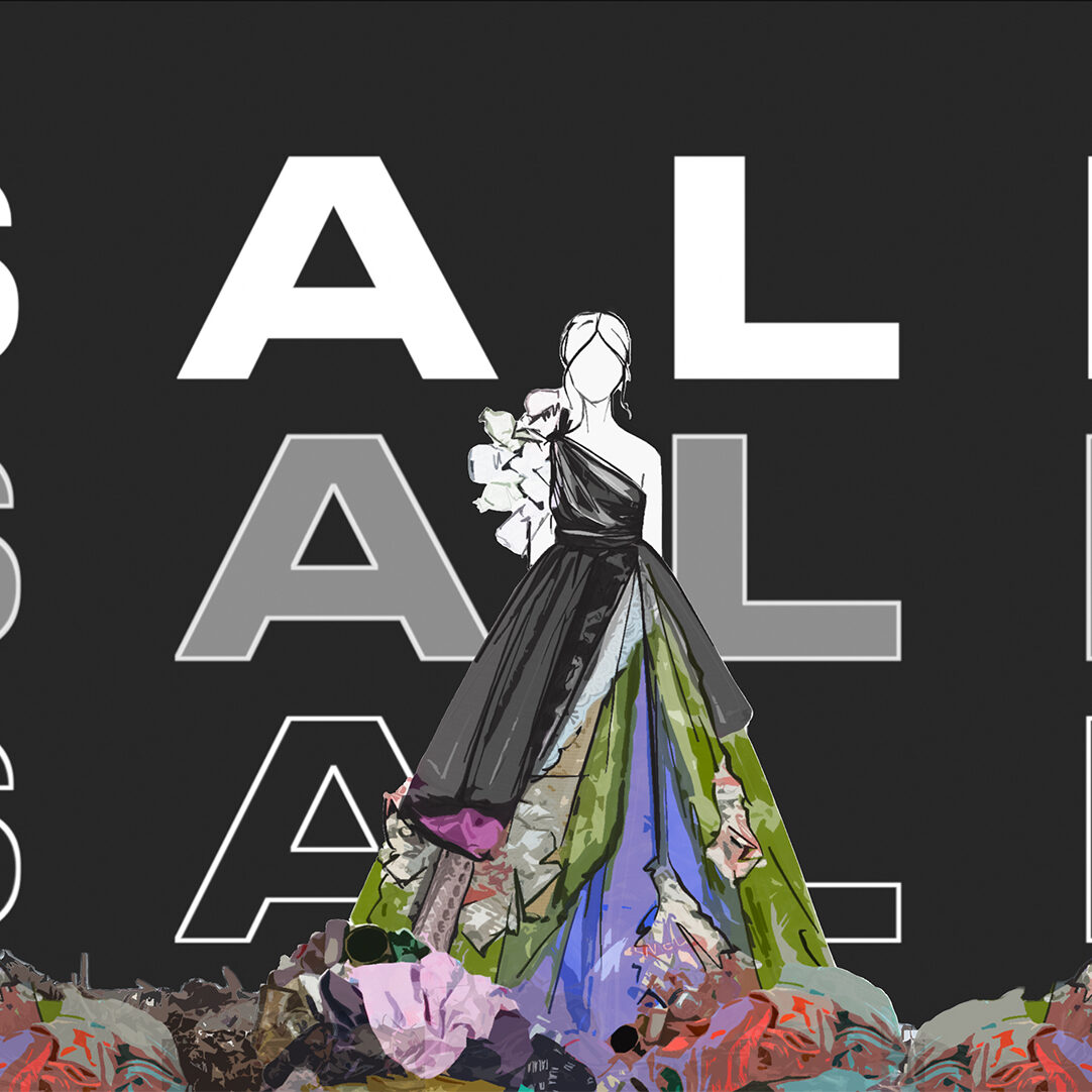A model wearing an upcycled dress made from trash and recycled materials. She is standing on mounds of clothing in front of a large sign that reads "Sale" three times.
