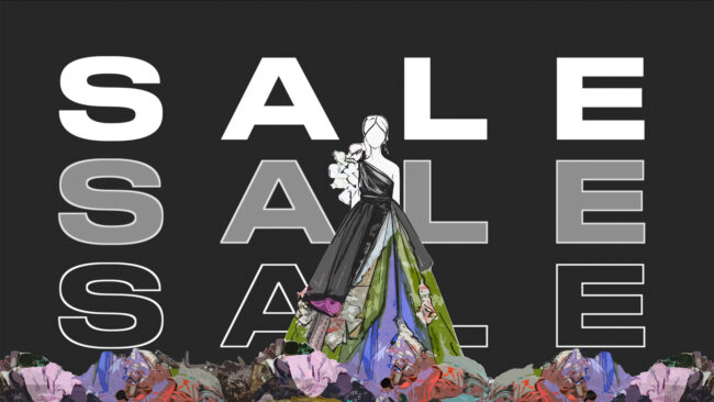 A model wearing an upcycled dress made from trash and recycled materials. She is standing on mounds of clothing in front of a large sign that reads "Sale" three times.