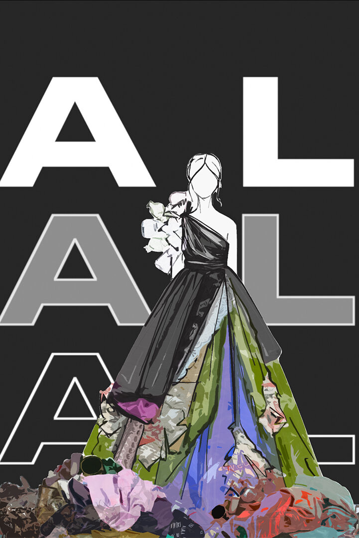 A model wearing an upcycled dress made from trash and recycled materials. She is standing on mounds of clothing in front of a large sign that reads "Sale" three times.