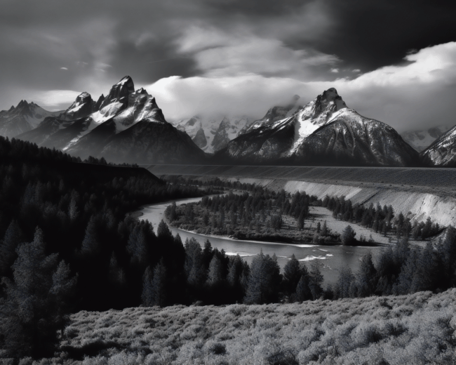 An expansive view of a national park with a prominent mountain range in the distance. The composition is framed by a river in the foreground and a forest of tall trees on either side. The colours are black and white with high contract dominating the landscape. The focus is capturing the natural beauty and grandeur of the scene, with the mountains serving as a dramatic backdrop to the tranquil foreground.