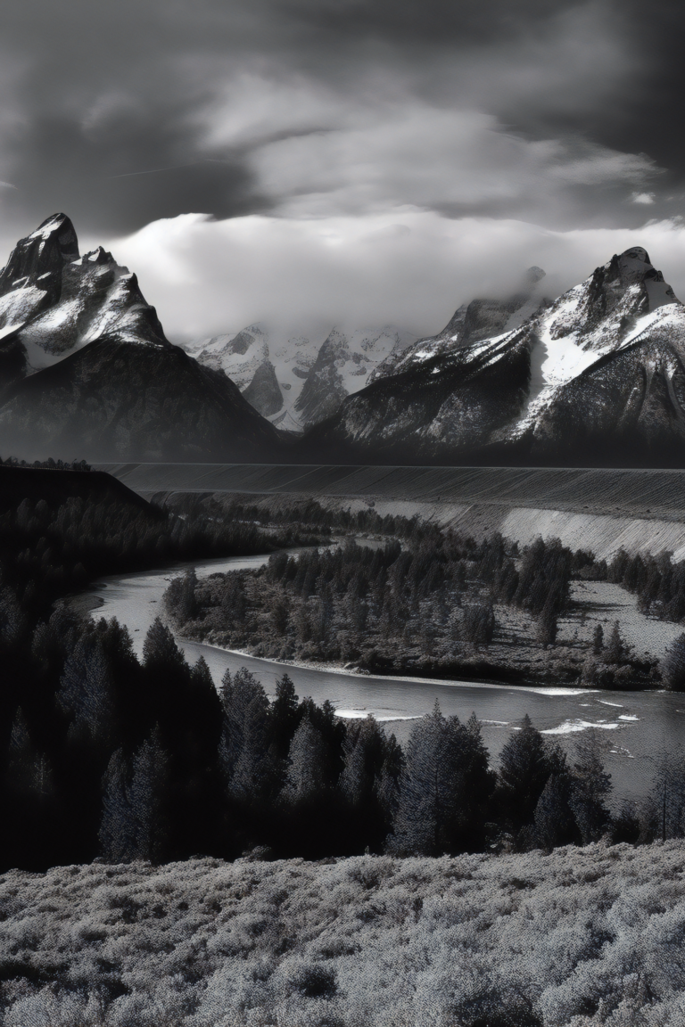 An expansive view of a national park with a prominent mountain range in the distance. The composition is framed by a river in the foreground and a forest of tall trees on either side. The colours are black and white with high contract dominating the landscape. The focus is capturing the natural beauty and grandeur of the scene, with the mountains serving as a dramatic backdrop to the tranquil foreground.