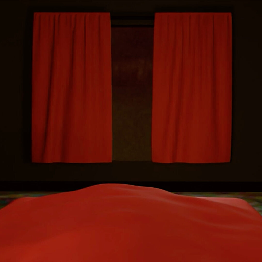 : FIRST PERSON POINT-OF-VIEW OF A BEDROOM WINDOW FROM THE BED ACROSS FROM IT.