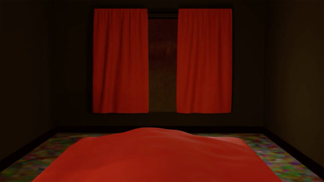 : FIRST PERSON POINT-OF-VIEW OF A BEDROOM WINDOW FROM THE BED ACROSS FROM IT.