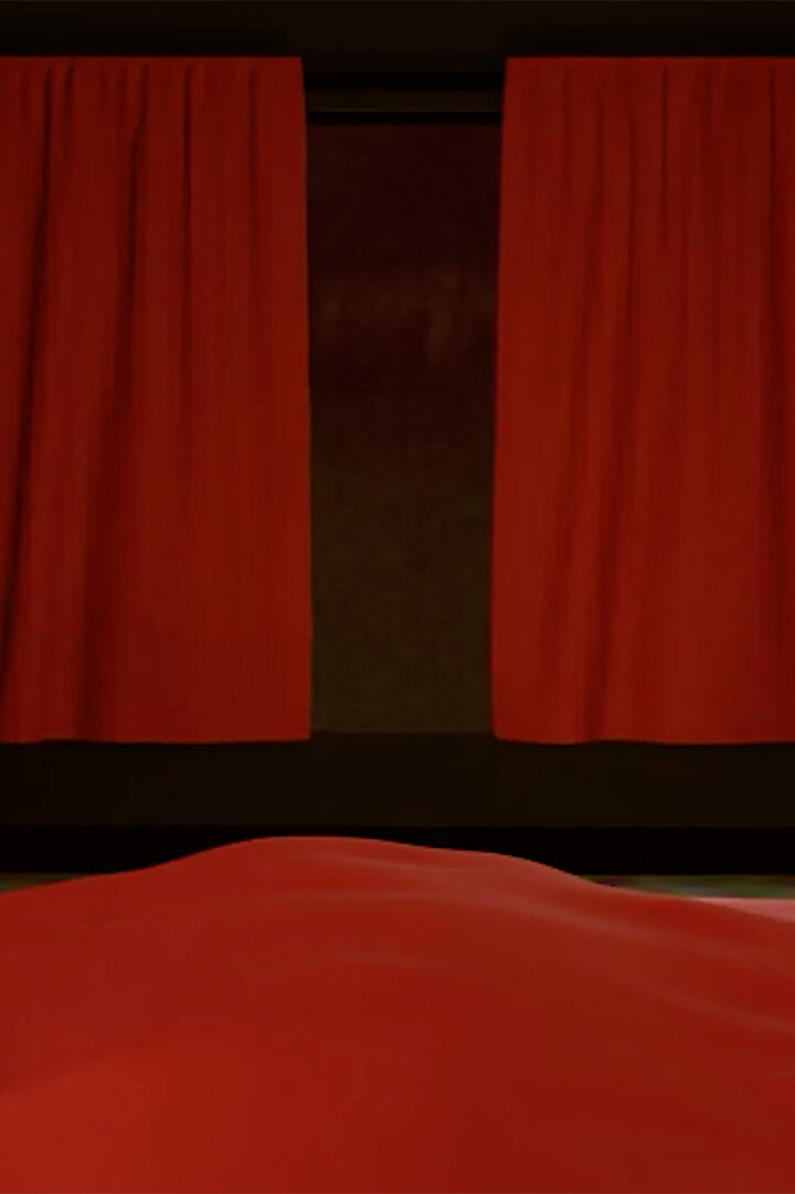 : FIRST PERSON POINT-OF-VIEW OF A BEDROOM WINDOW FROM THE BED ACROSS FROM IT.