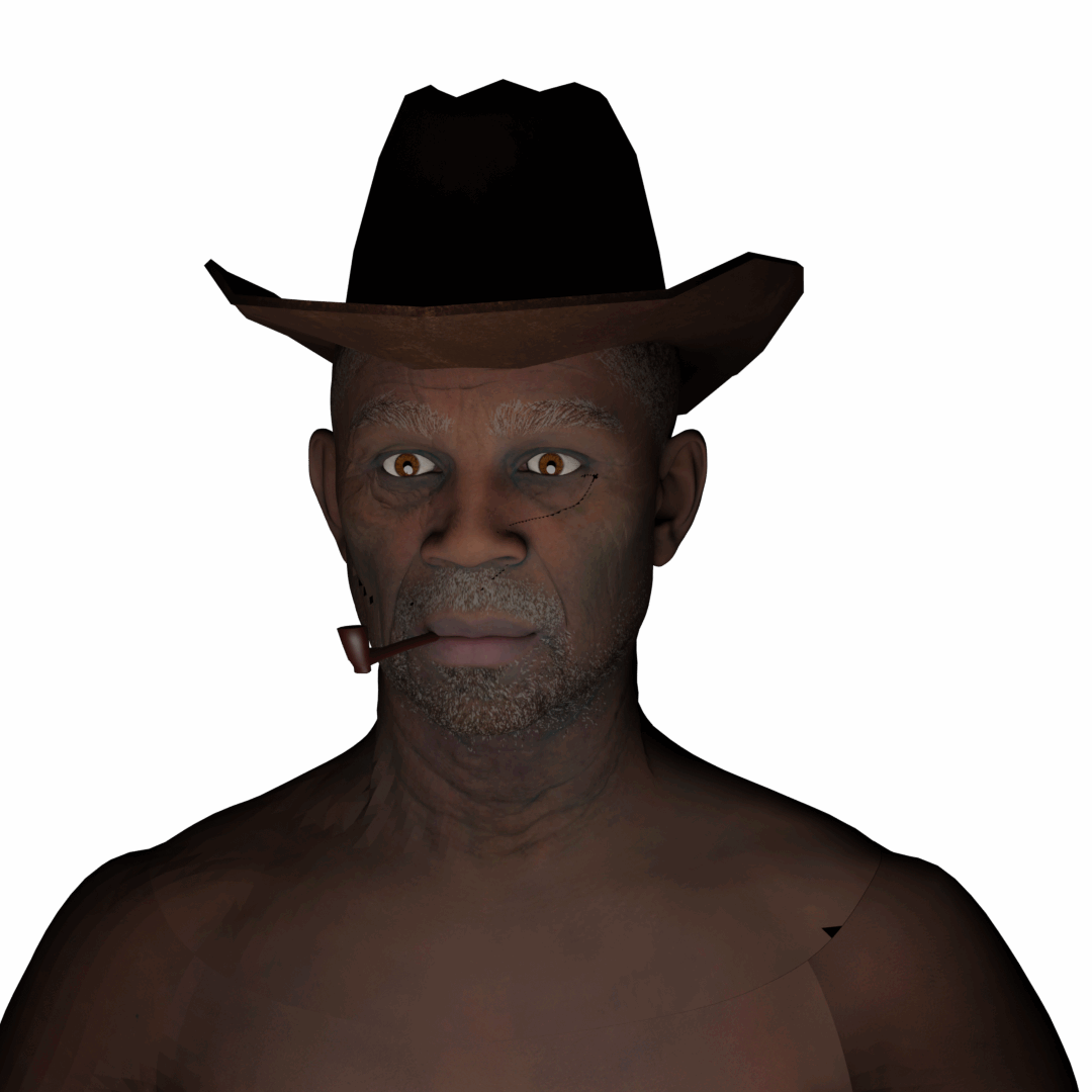 A 3D sculpted man stares beyond the camera with a hat on his head and a pipe in his mouth.