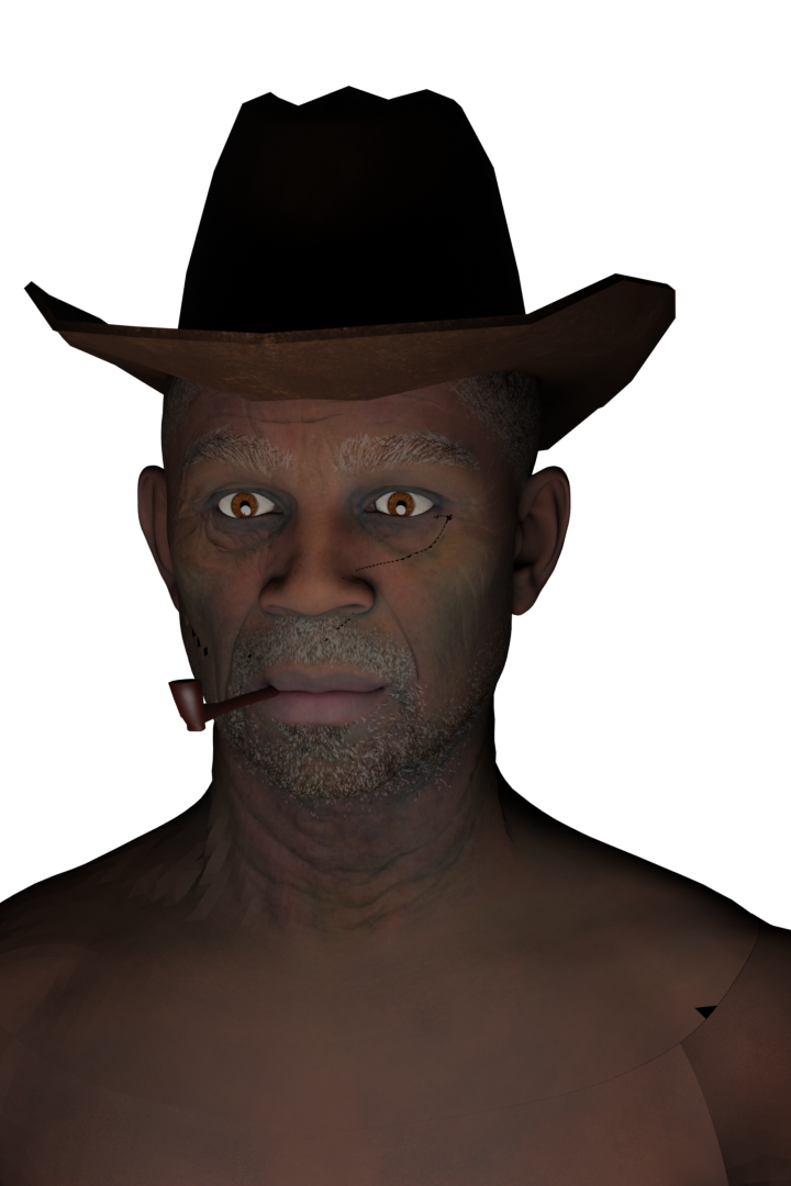 A 3D sculpted man stares beyond the camera with a hat on his head and a pipe in his mouth.