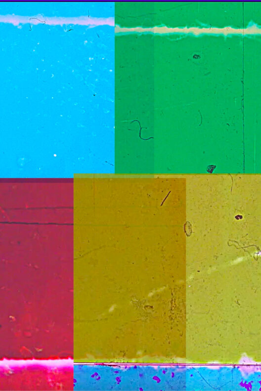 Four vibrant squares divide the screen in equal quarters. Each square is a different colour. In the left margin, two sixteen millimetre film perforations are visible. To the right of the screen, a clear section of film base can be seen. The four individual squares create a fragmented sixteen millimetre film frame when viewed as a whole.