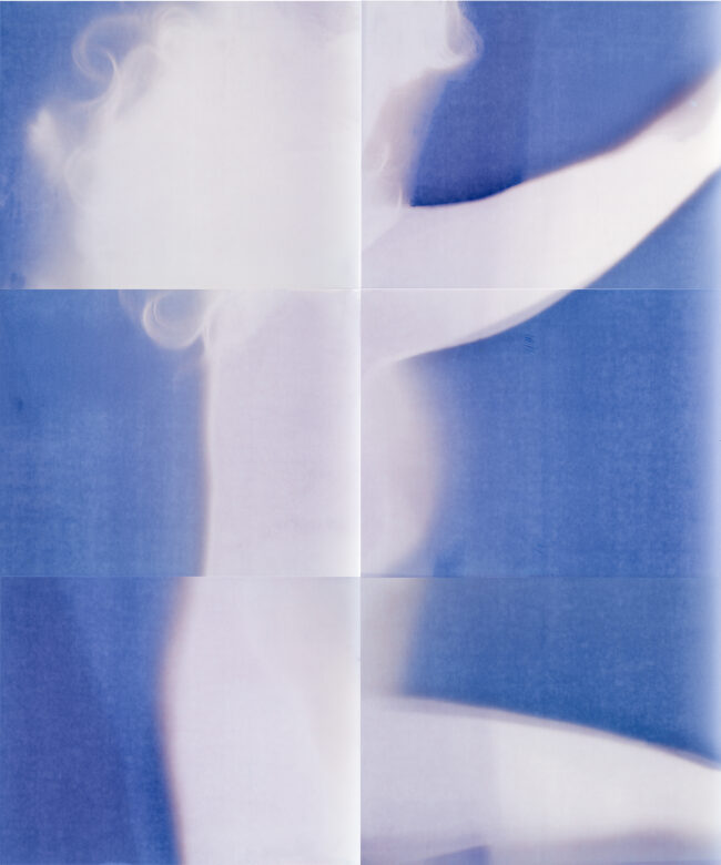 A hazy pink and white silhouette of the artist's body on its side including an arm reached up toward the top right corner and hair flowing in the top left. Where the body does not touch the paper it is purple. The image is segmented into six sections showing that the image was not made all on one surface.