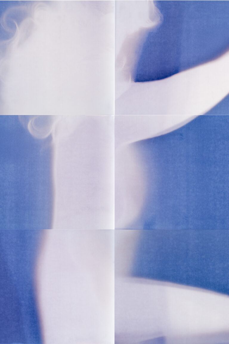 A hazy pink and white silhouette of the artist's body on its side including an arm reached up toward the top right corner and hair flowing in the top left. Where the body does not touch the paper it is purple. The image is segmented into six sections showing that the image was not made all on one surface.