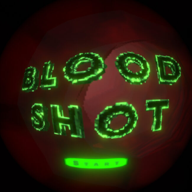 Bright green glowing pixelated text that says "BLOOD SHOT" and a glowing green start button float in a dark red tunnel.