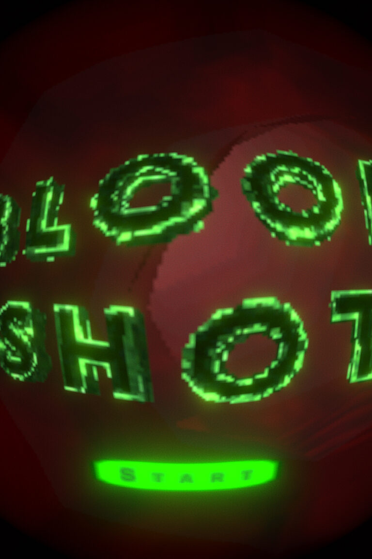 Bright green glowing pixelated text that says "BLOOD SHOT" and a glowing green start button float in a dark red tunnel.