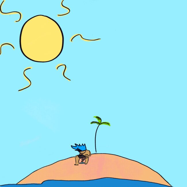 In this scene, Flow is introduced on an island, which serves as a metaphor for someone who thinks of themselves as an isolated entity.