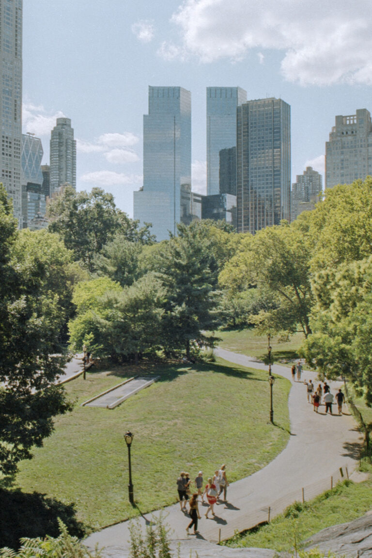 A colour image of a pathway in Central Park New York. On the S-shaped path are two groups of people walking down with a significant space between them. In the background the the Skyscrapers tower above the greenery and plants of Central Park
