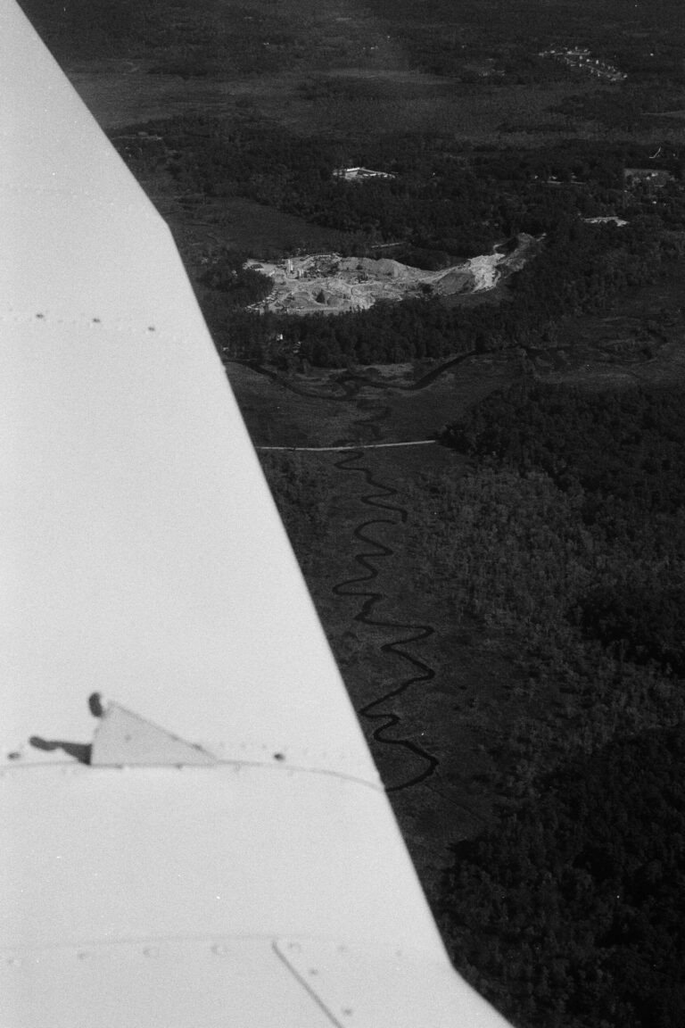 Passing through a curved river on an airplane, in Upstate New York.
