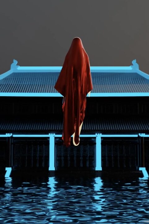 The Grand Hotel: The floating red ghost floats in front of the neon-lightened traditional Chinese palace (The Grand Hotel of The Nether World), with shallow water, light breeze, and fill-light coming in from the right side.