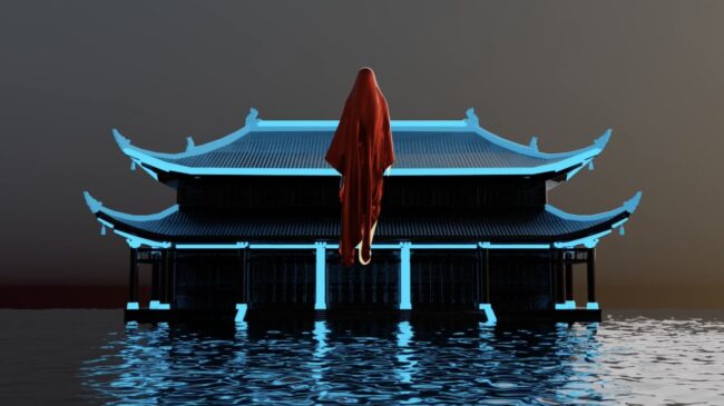 The Grand Hotel: The floating red ghost floats in front of the neon-lightened traditional Chinese palace (The Grand Hotel of The Nether World), with shallow water, light breeze, and fill-light coming in from the right side.