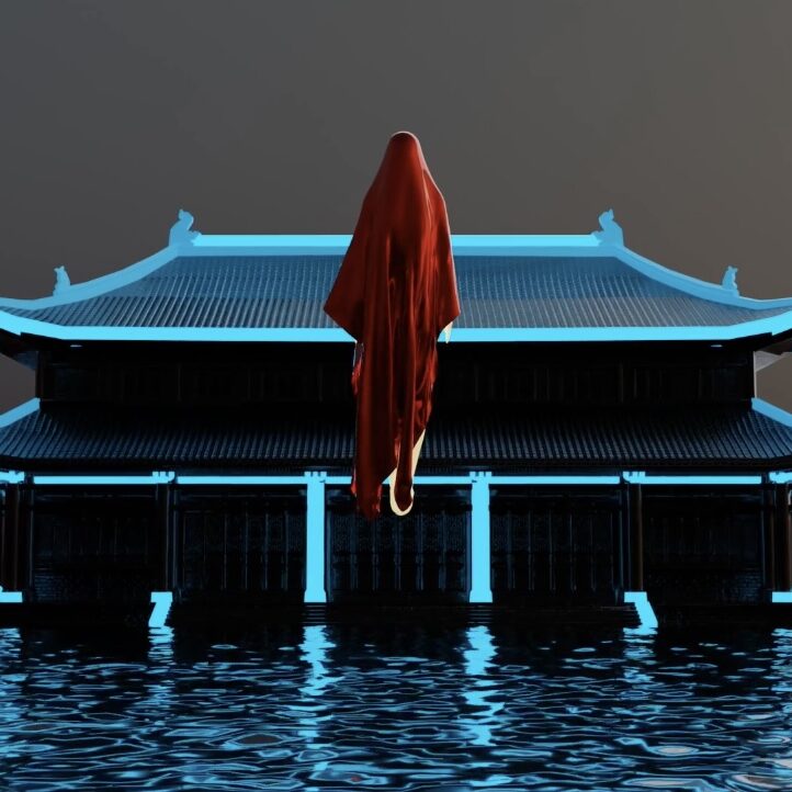 The Grand Hotel: The floating red ghost floats in front of the neon-lightened traditional Chinese palace (The Grand Hotel of The Nether World), with shallow water, light breeze, and fill-light coming in from the right side.